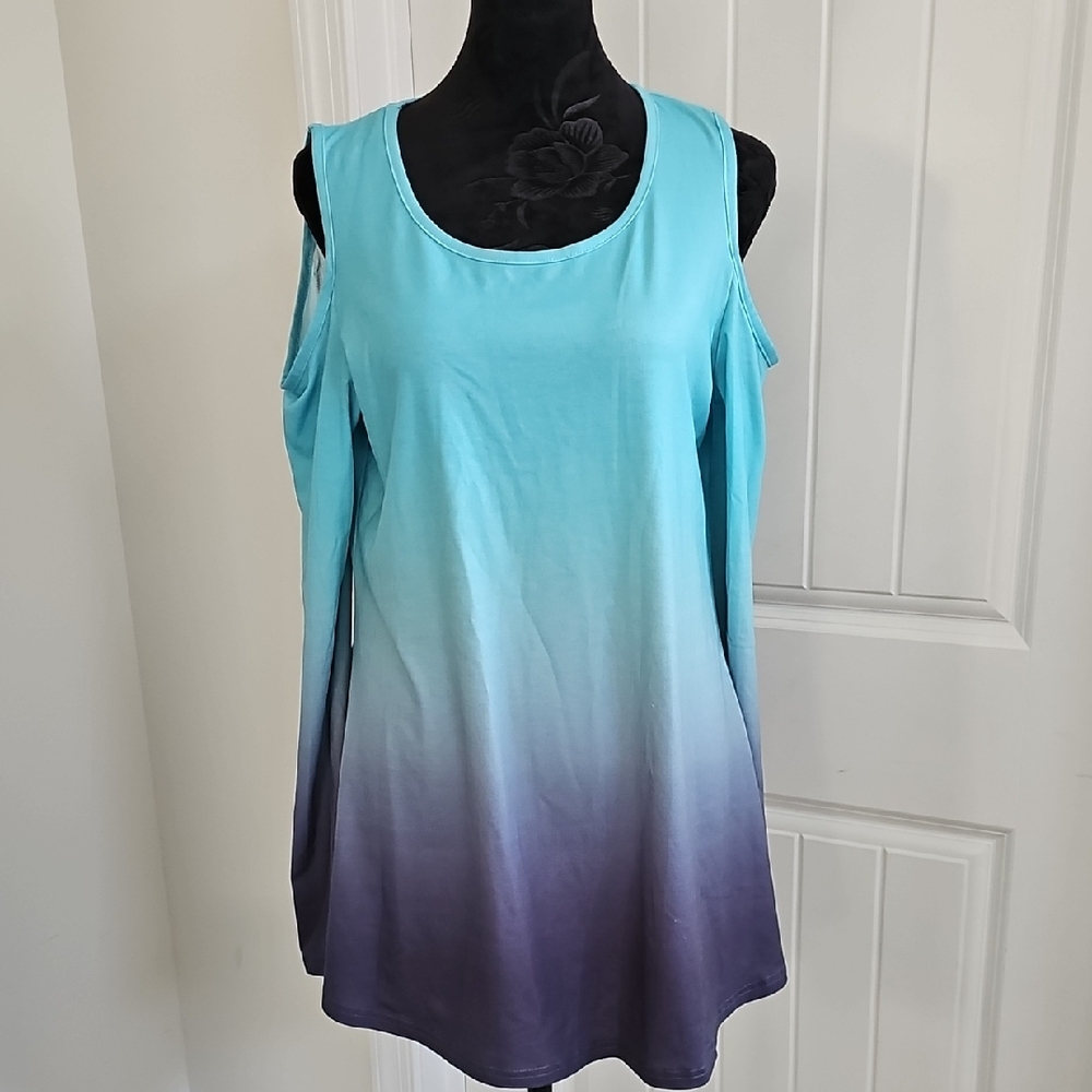 Ombre Cold-Shoulder Tunic Top - Aqua To Navy, Womens Small